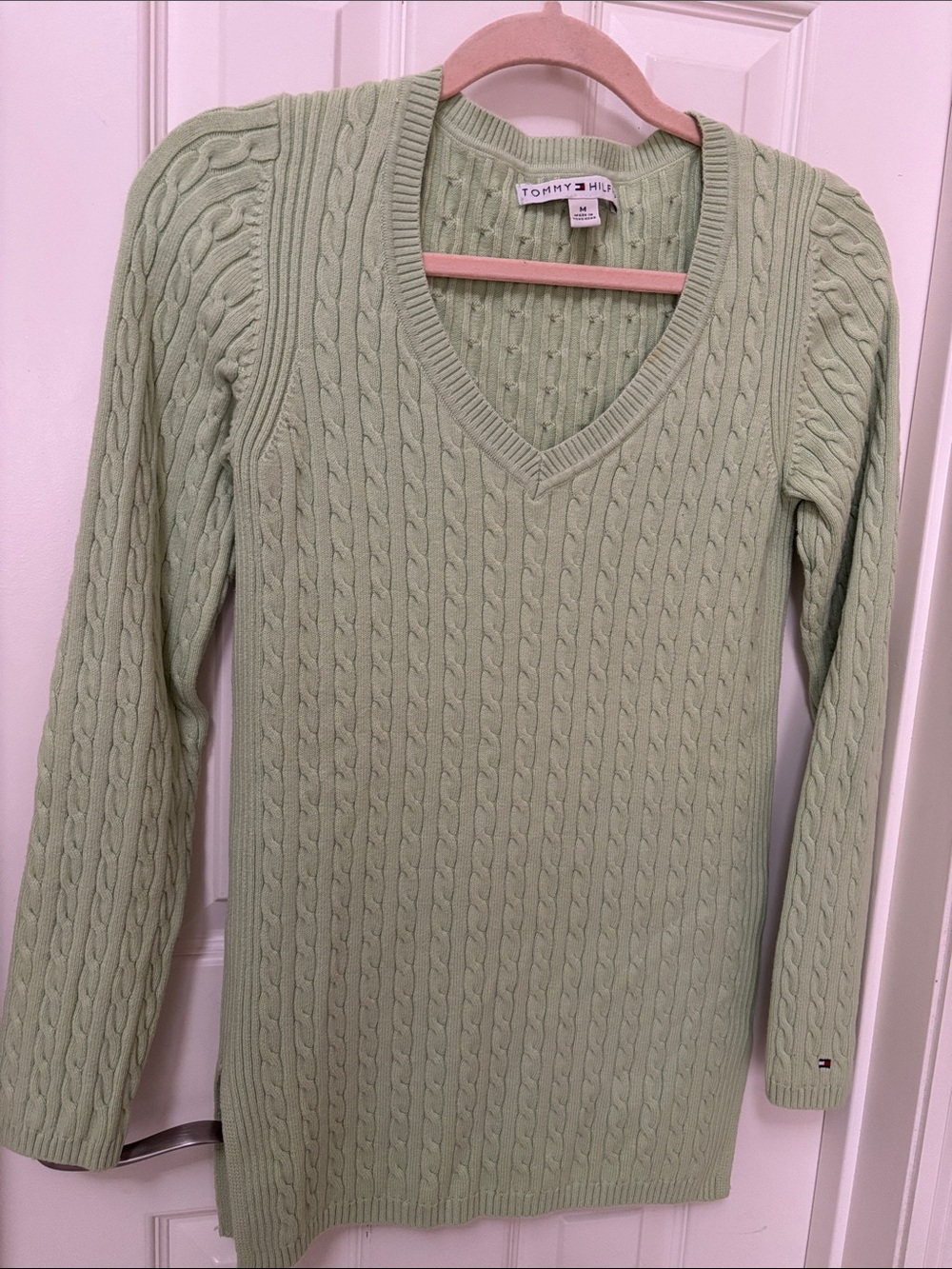 Tommy Hilfiger Light Green Cable-Knit V-Neck Sweater